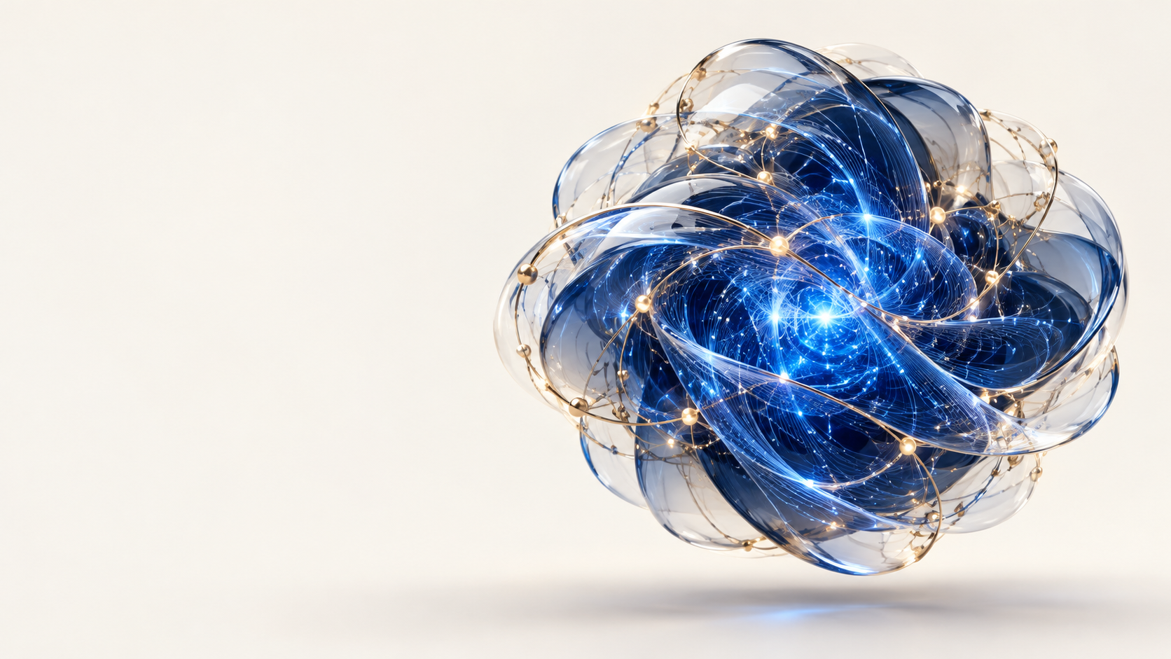 Abstract Oxford AI intelligence core formed from sapphire glass and luminous blue and gold connections